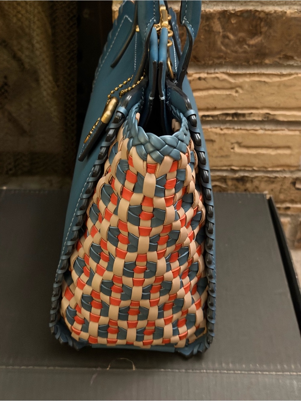 COACH 1941 Troupe Tote Weaved Leather Bag Blue Lake Multi like new - Picture 6 of 9